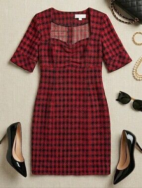 BB Dakota Red Black Gingham Sweetheart-Square Neckline Sheath Dress